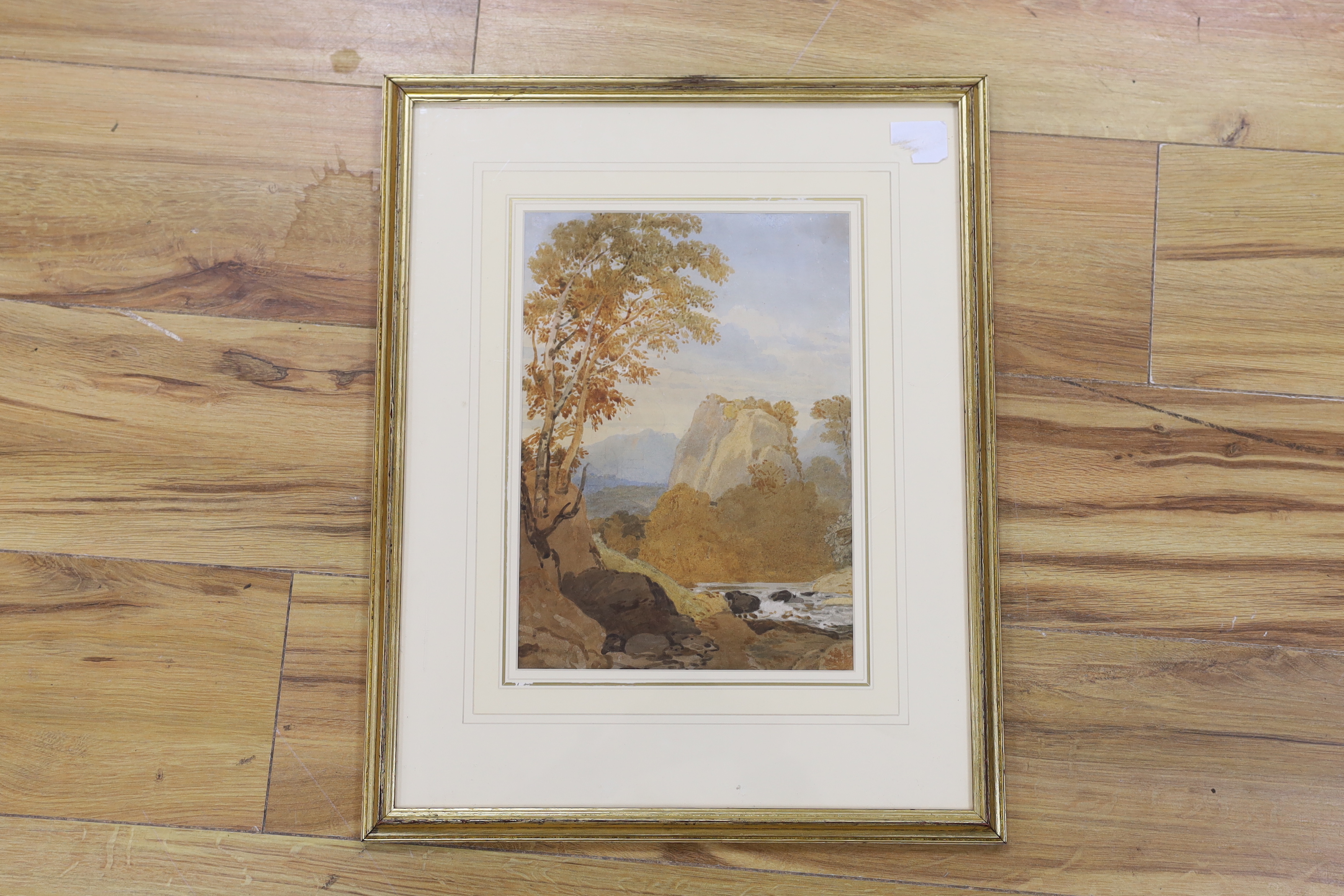 George Barrett Jnr. OWS (1767-1842), watercolour, Mountainous landscape, unsigned, Abbott & Holder label verso, 29 x 20cm